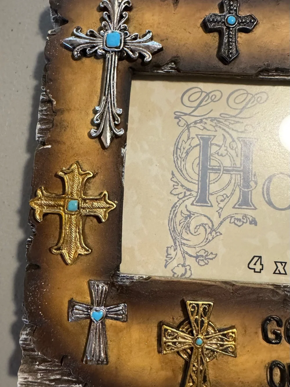 God Bless Our Family Decorative Cross 4x6 Photo Frame Brown